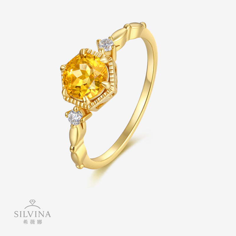 新款S925纯银圆形六爪黄晶石戒指复古日系文艺显白清新指环女