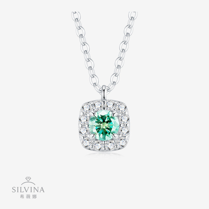 新款S925纯银经典祖母绿方包莫桑石吊坠贵气锁骨链女款