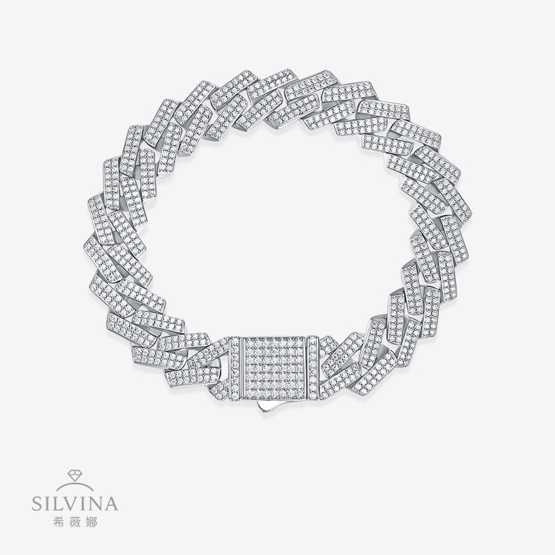 夸张嘻哈双排手链电镀加厚S925纯银莫桑石男女古巴手链