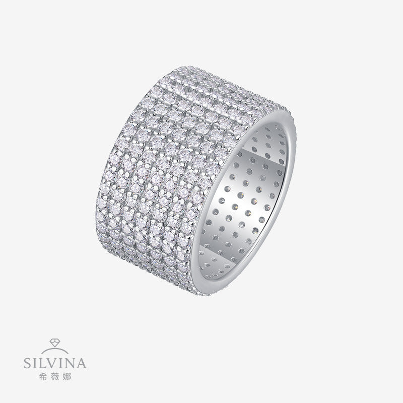 满圈豪镶纯银电镀白金豪镶戒指莫桑石闭口纯手工制作高级轻奢戒指