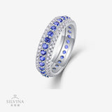 S925纯银满圈戒指圆形蓝宝石戒指小众轻奢纯银戒指