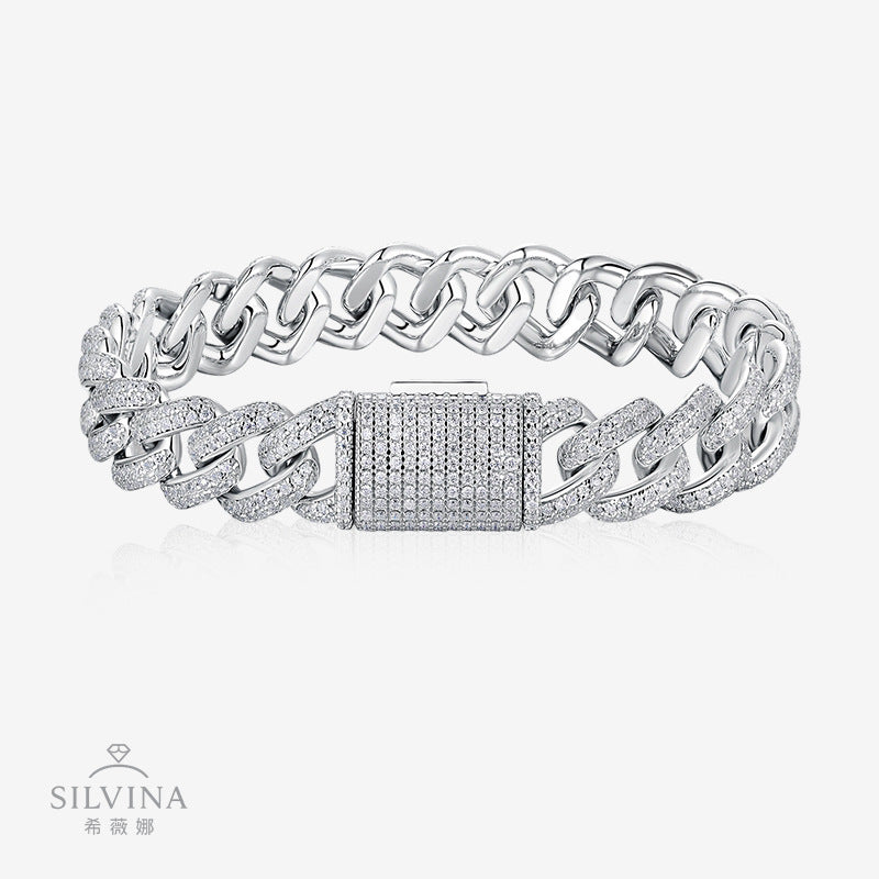 新款11mm双排满镶S925银莫桑石手链嘻哈个性时尚古巴链男