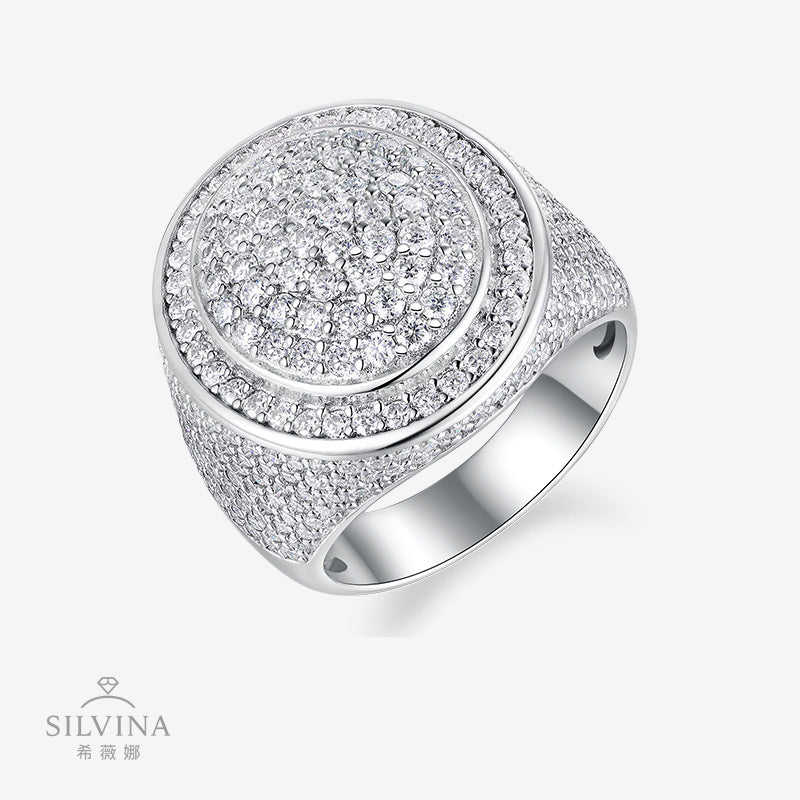 潮街舞莫桑石戒指环 S925纯银嘻哈真莫桑男士戒指