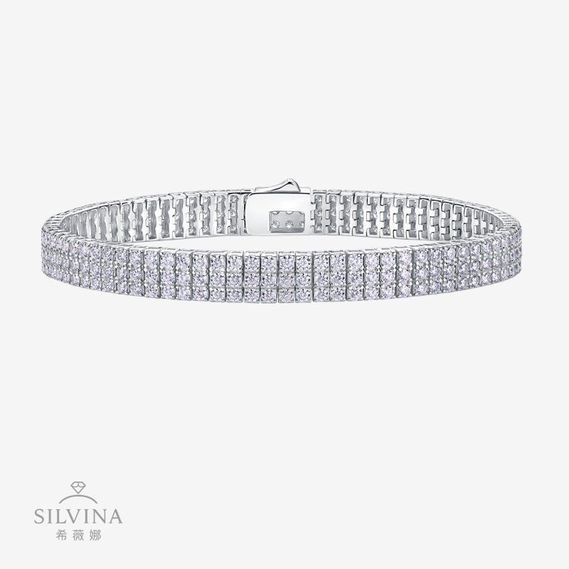 时髦个性粗链条圆形银色优雅气质满镶多排S925银莫桑石网球手链