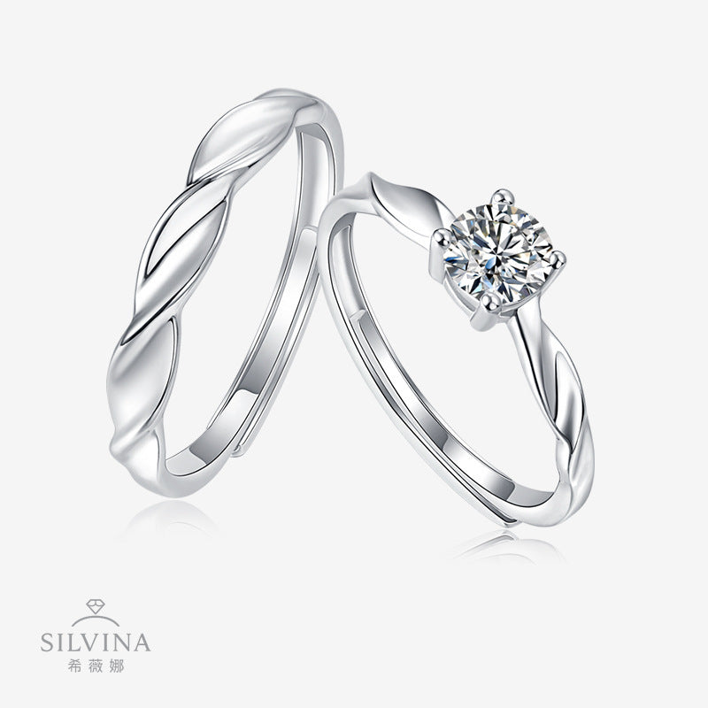 时尚纯银莫桑石对戒电镀白金戒指情侣小众环新年饰品订婚对戒