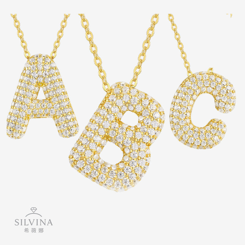 26个字母项链925纯银电镀金色锁骨链莫桑石男女时尚吊坠