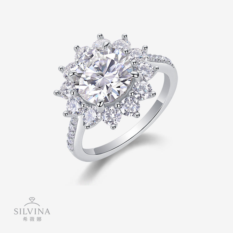 小众太阳花戒指纯银轻奢大克拉气质闭口莫桑石婚戒