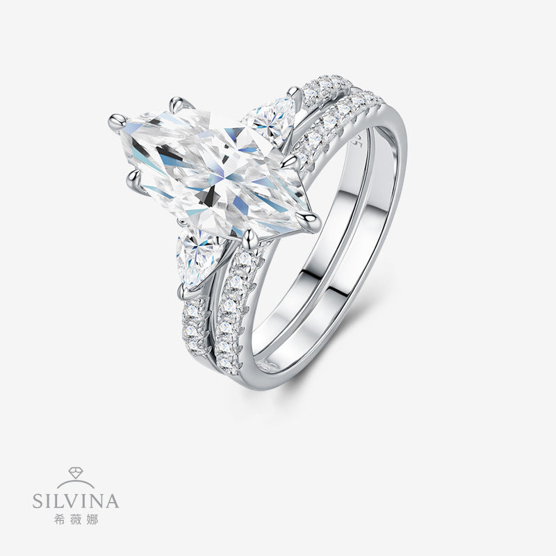 S925纯银莫桑石叠戴指环爆闪小众高级轻奢双排马眼戒指女