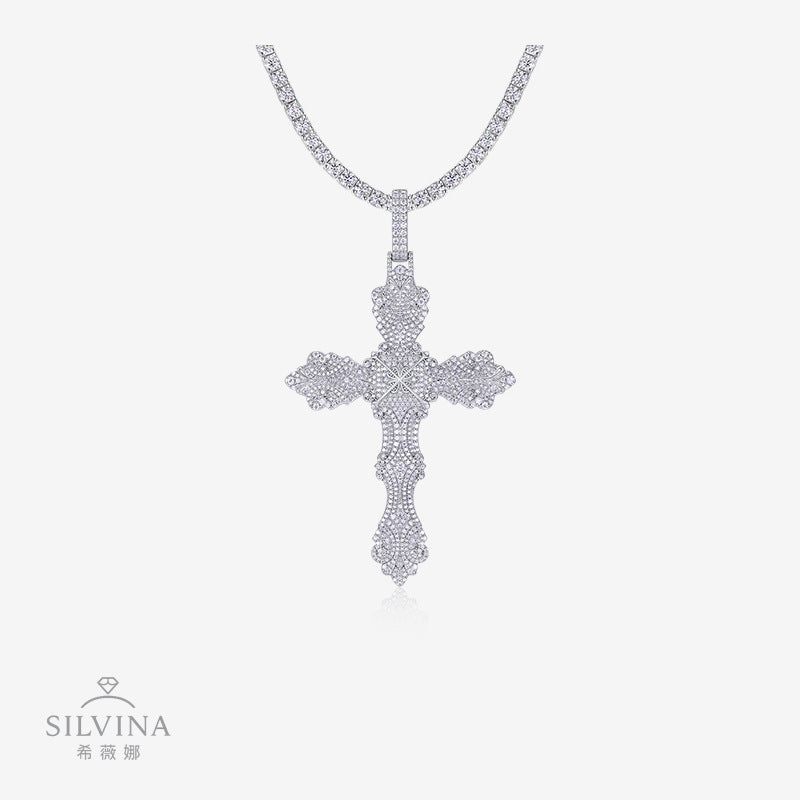 新款S925银时尚潮流十字架纹理项链个性嘻哈风饰品吊坠男