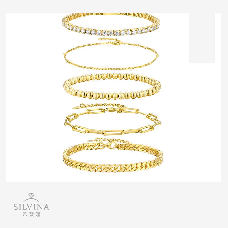 18K黄串珠古巴链叠戴纯银莫桑石男女百搭时尚手链