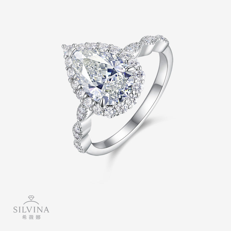 S925纯银D色莫桑石极简电镀18k白金梨形闭口女士时尚戒指