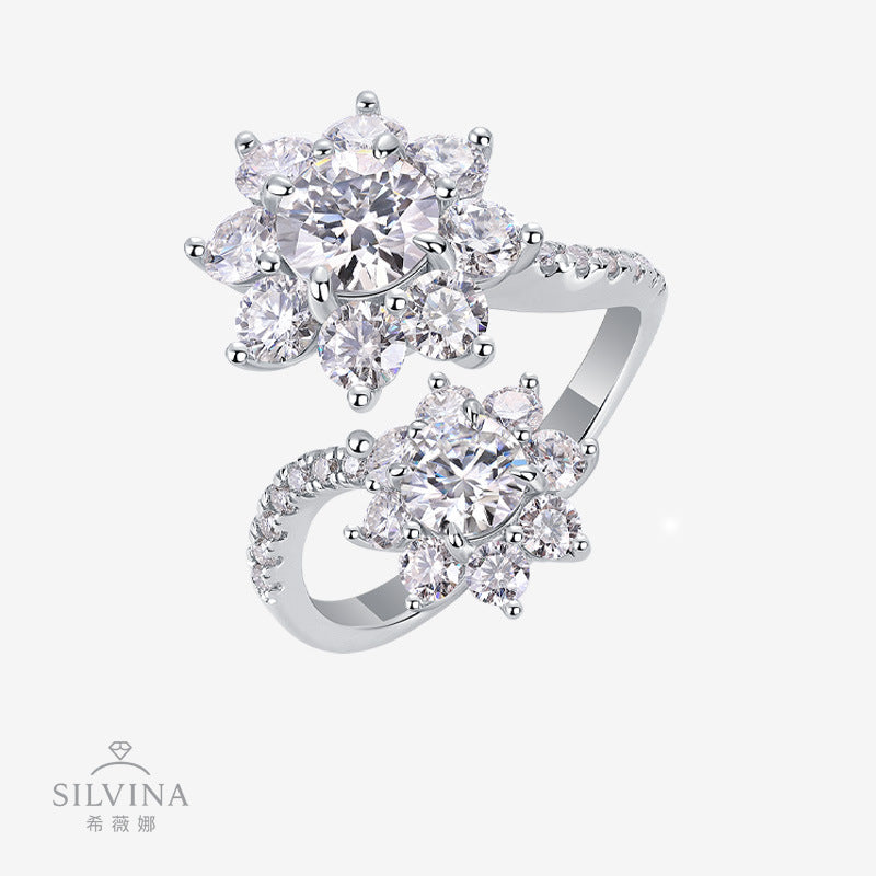 纯银925莫桑石戒指超时尚太阳花女生宴会