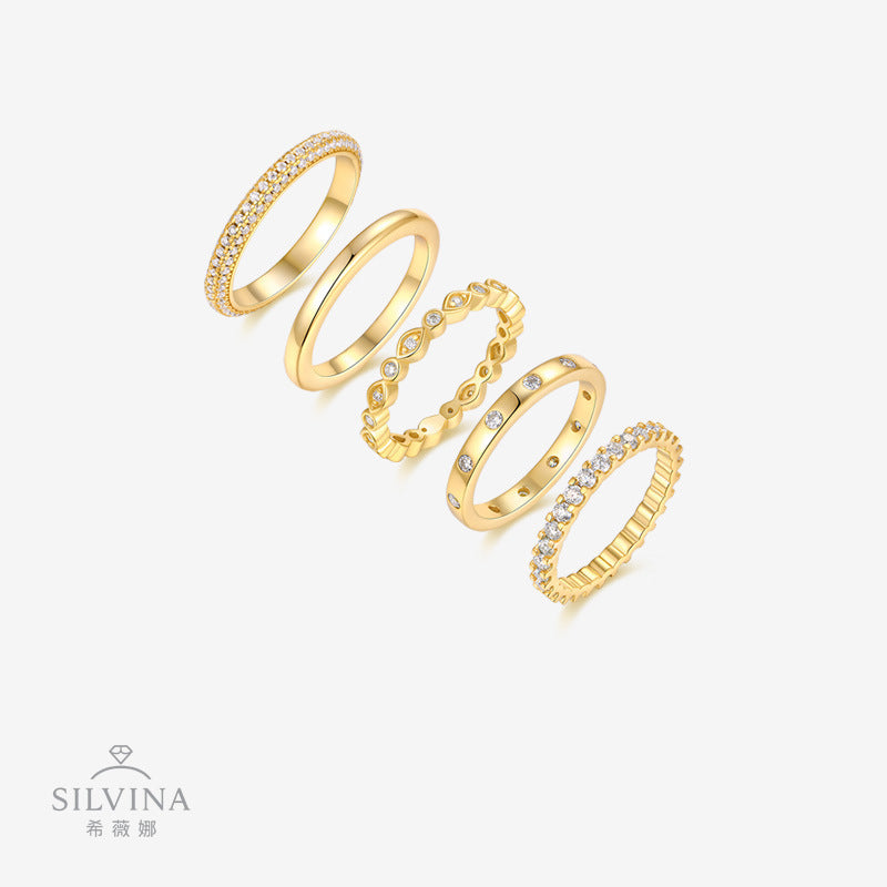 18K韩系女设计新款S925纯银镶钻戒指简约百搭叠戴指环