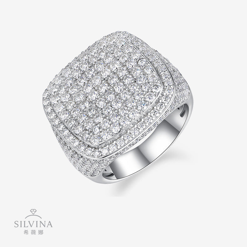 嘻哈男士方形925银电镀镶嵌全莫桑石豪镶戒指个性