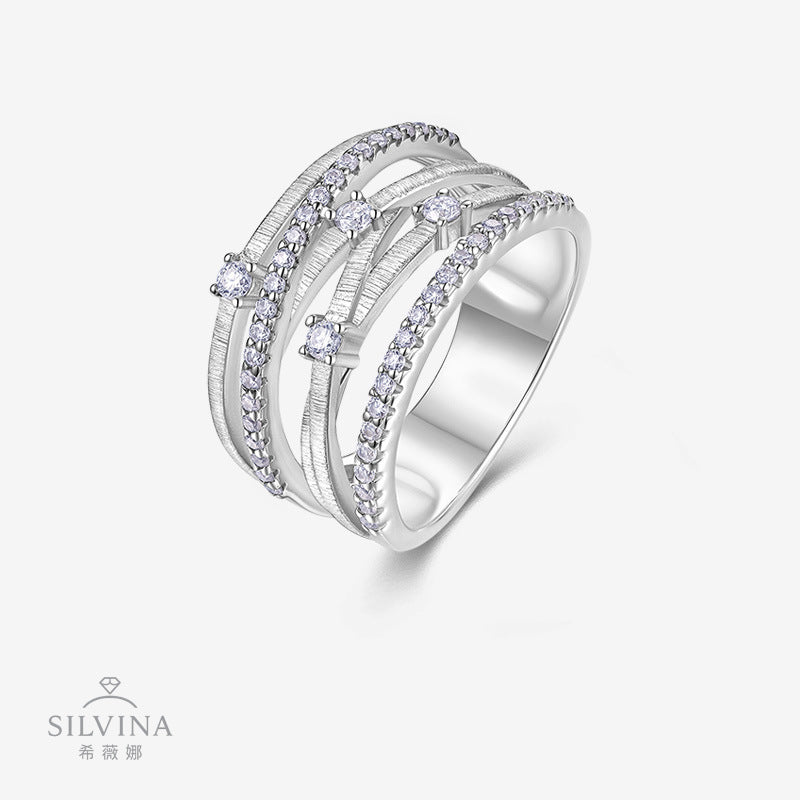 S925纯银简约轻奢交叉镂空高级小众闪耀莫桑石戒指叠戴婚戒