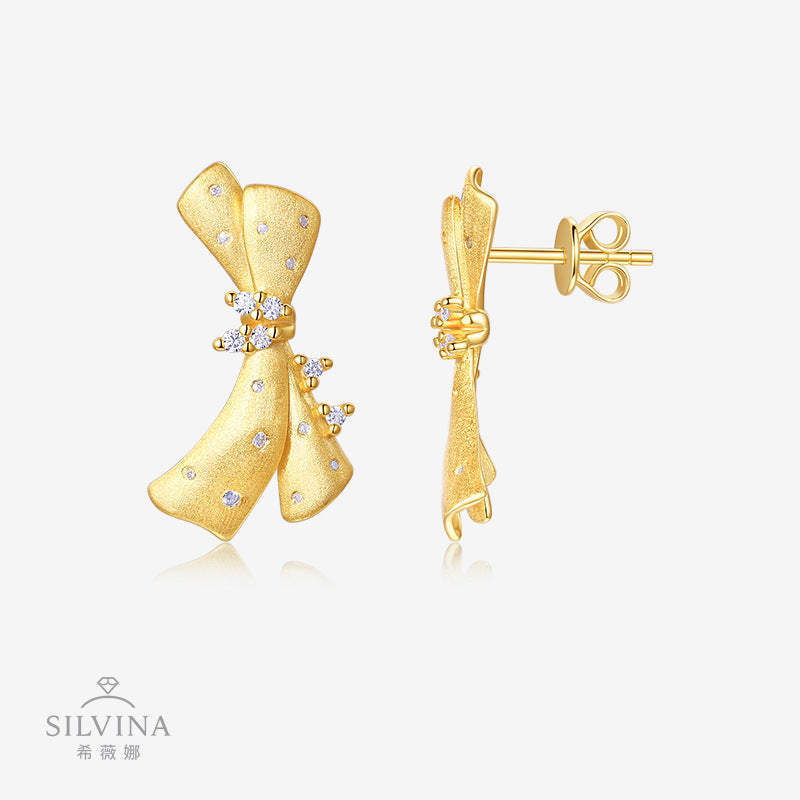 新款S925银镶莫桑创意褶皱珍珠蝴蝶结耳钉设计感小众轻奢耳环