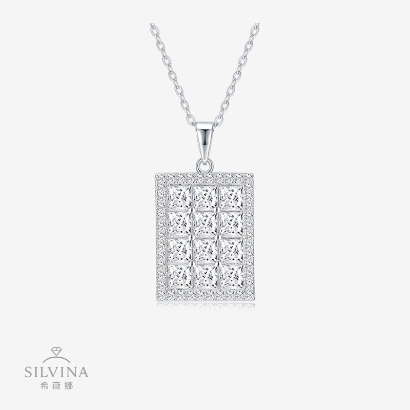 新款S925纯银方糖满钻莫桑石吊坠时尚轻奢锁骨链女