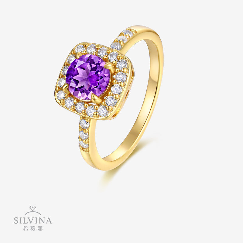 新款S925纯银圆形紫晶石戒指轻奢简约时尚指环女