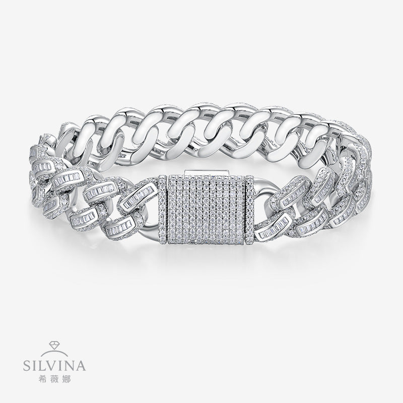 嘻哈纯银满镶古巴链 S925银莫桑石男士手链首饰