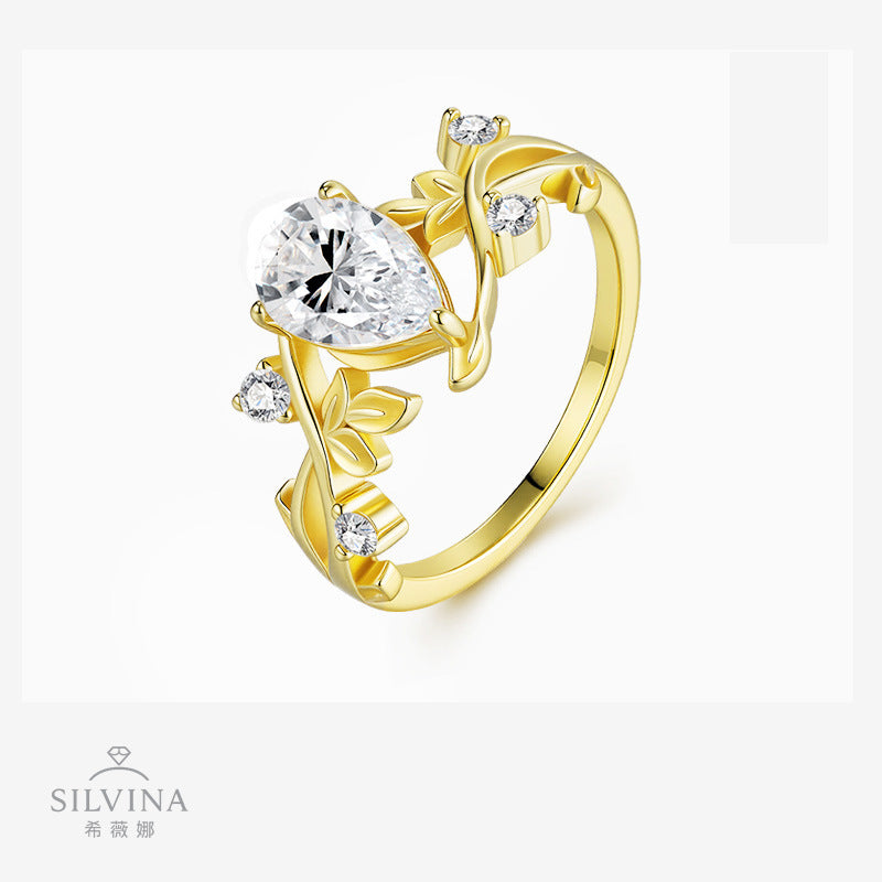 新款树枝戒指时尚水滴莫桑石饰品花朵戒指女