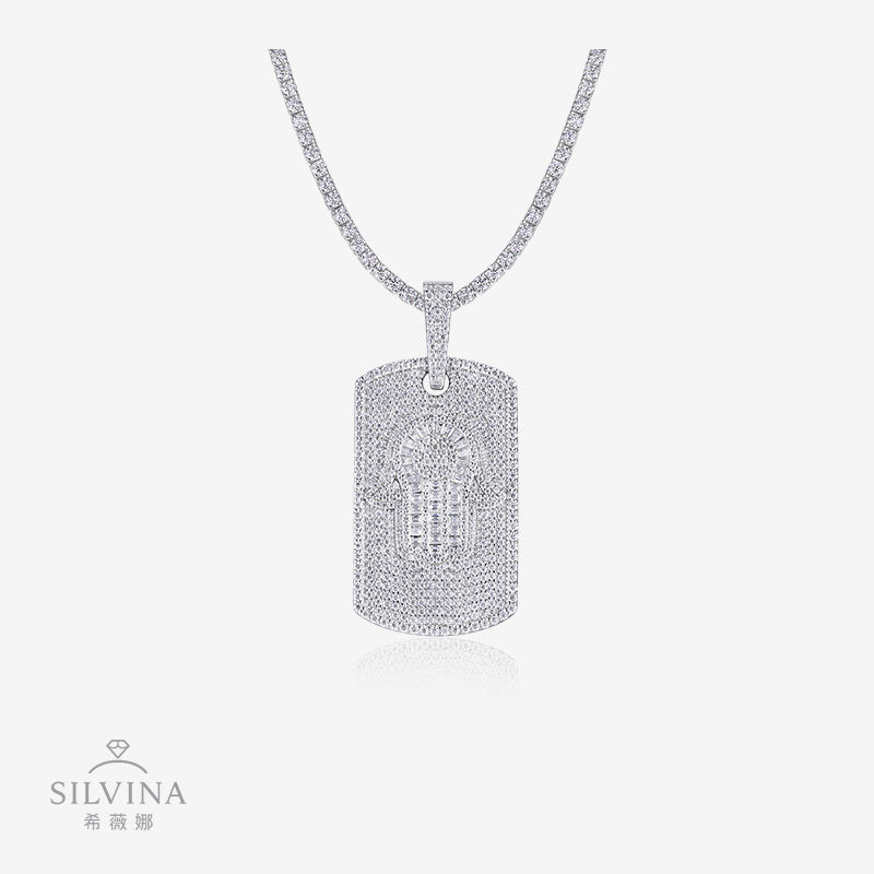 新款S925银满镶莫桑石方形吊坠时尚嘻哈夸张吊坠