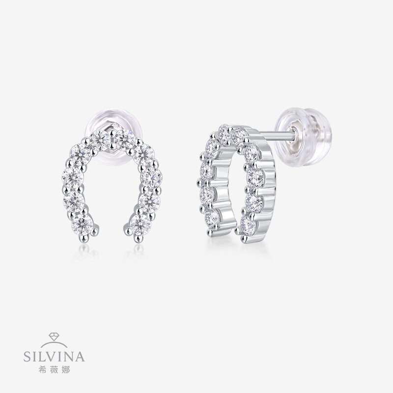 U形半圆S925银莫桑石扣住幸福耳钉饰品