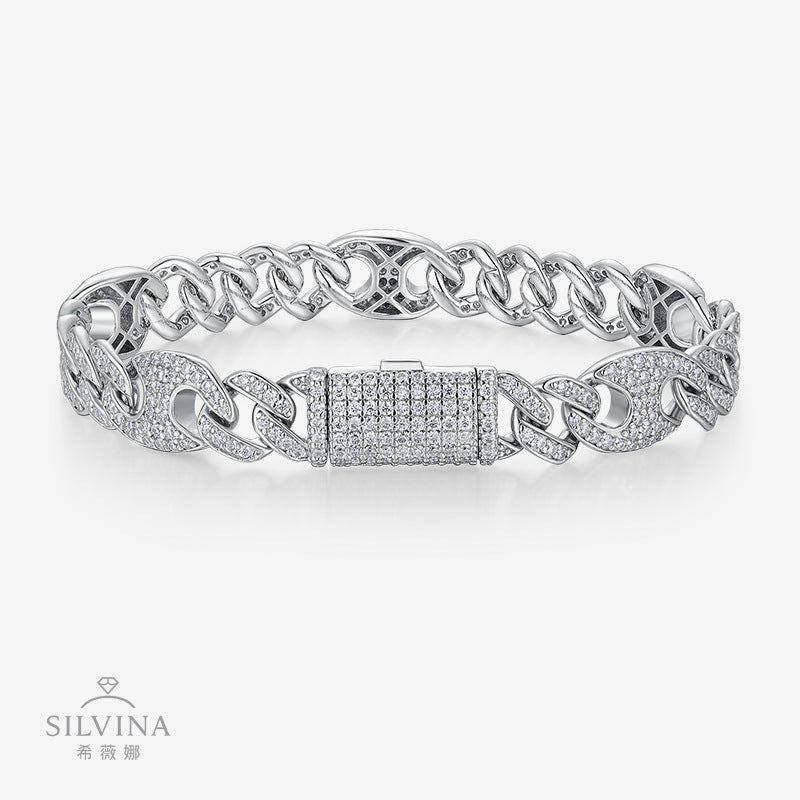 新款个性字形古巴链S925银满镶莫桑石嘻哈潮男手链饰品