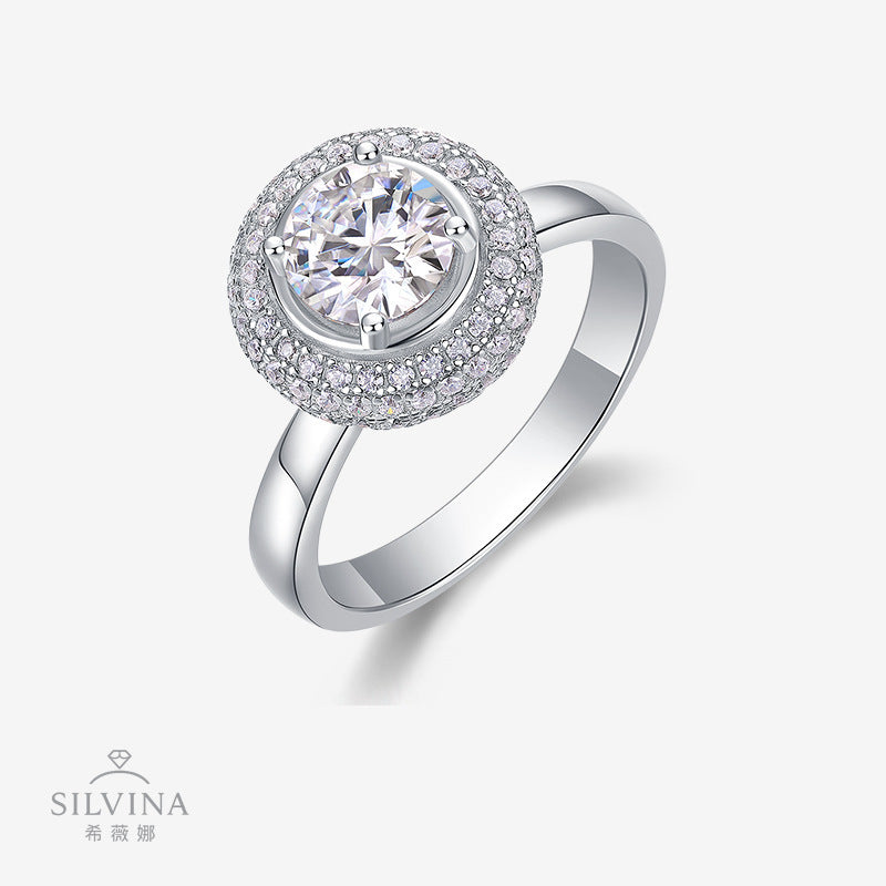 网红圆包造型戒指微镶D色莫桑石个性时尚饰婚戒