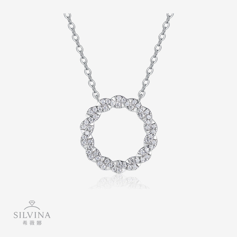 纯银镶莫桑女款气质超闪圆环饰品个性时尚圆圈锁骨链吊坠项